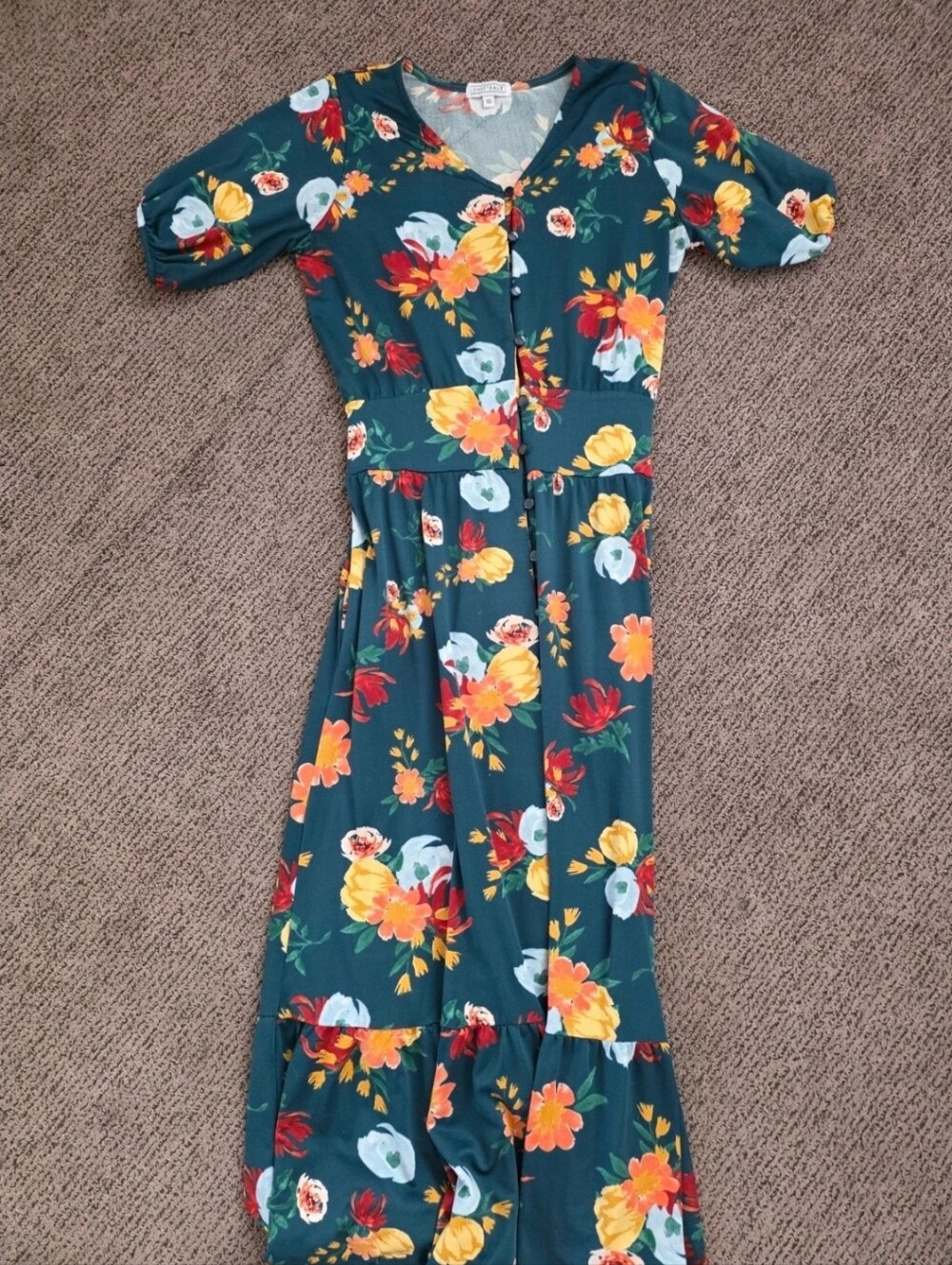 Teal Floral Maxi Dress with Button-Front V-Neck